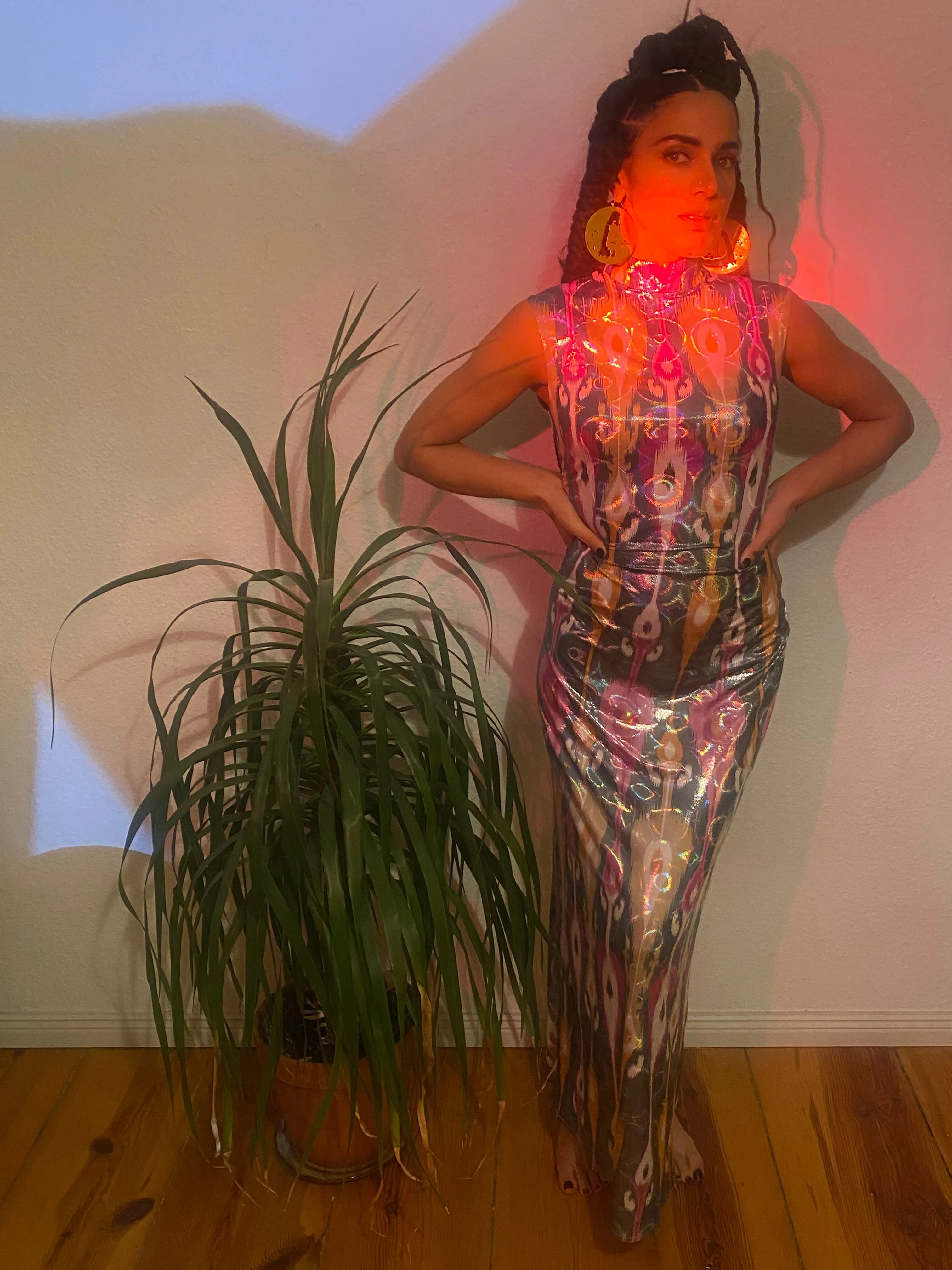 Mock Turtleneck Floor Length Dress in Acid Holograph Adras