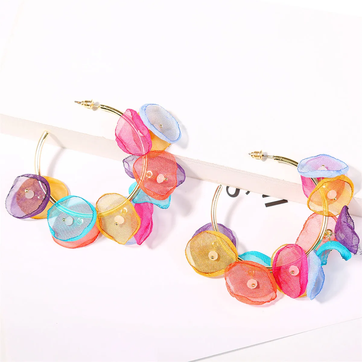 Multicolor Polyster & Acryic 18K Gold-Plated Pastel Petal Hoop Earrings