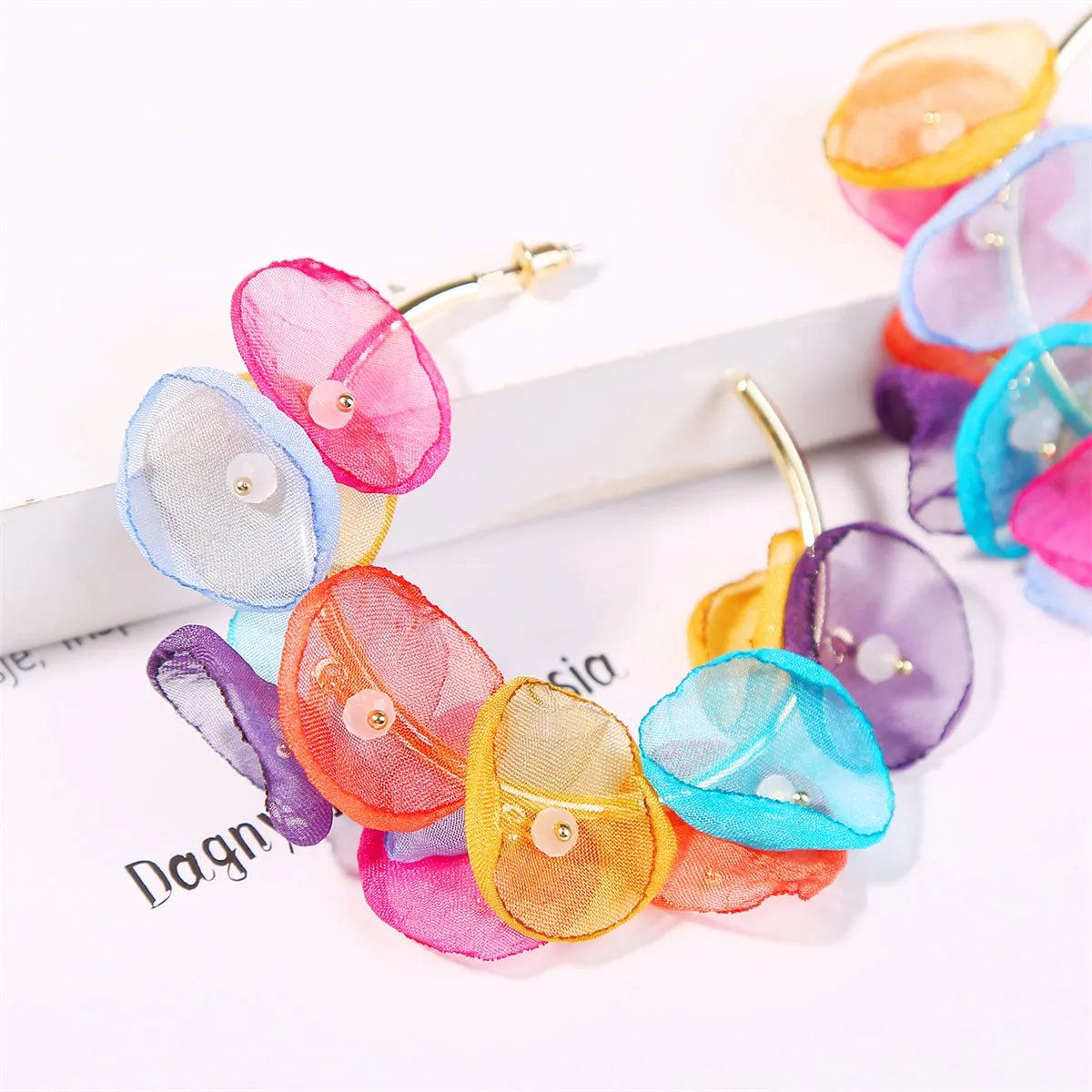 Multicolor Polyster & Acryic 18K Gold-Plated Pastel Petal Hoop Earrings
