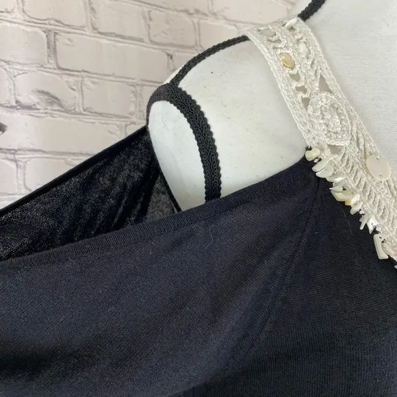 Nanette Lepore Black White Embroidered Crochet Beaded Cold Shoulder Dress Large