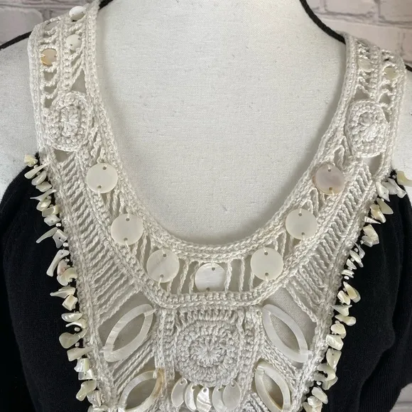 Nanette Lepore Black White Embroidered Crochet Beaded Cold Shoulder Dress Large