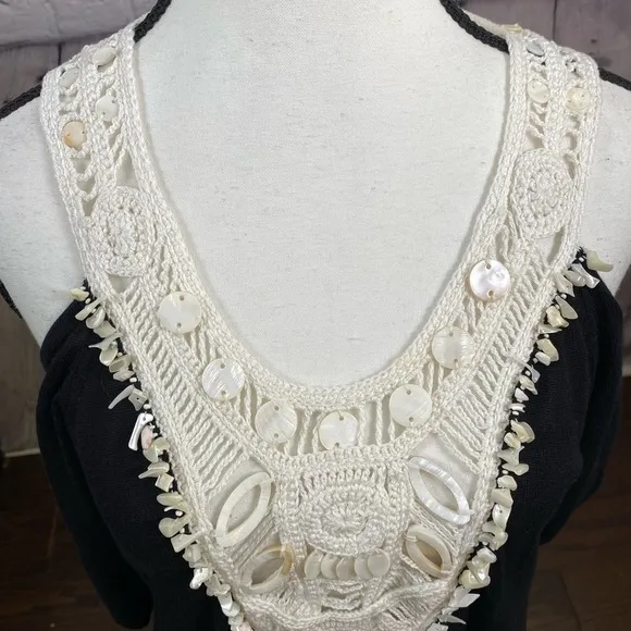 Nanette Lepore Black White Embroidered Crochet Beaded Cold Shoulder Dress Large