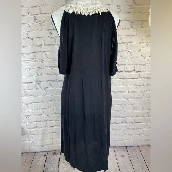 Nanette Lepore Black White Embroidered Crochet Beaded Cold Shoulder Dress Large