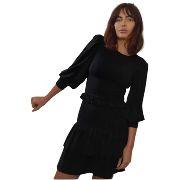 Nation LTD Abby Demure Mini Dress Size SM Black Event Party LBD Smocked Ruffles