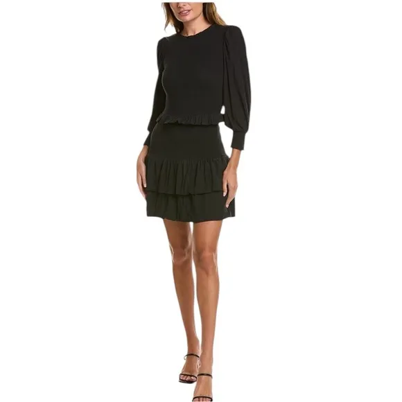 Nation LTD Abby Demure Mini Dress Size SM Black Event Party LBD Smocked Ruffles