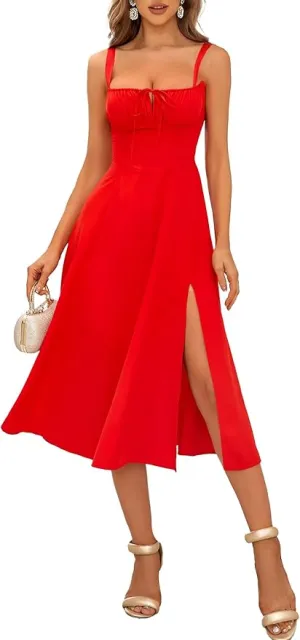 New Bustier Corset Dress for Women Casual with Slit Spaghetti Strap Formal Midi Flowy Dress Red Sz S