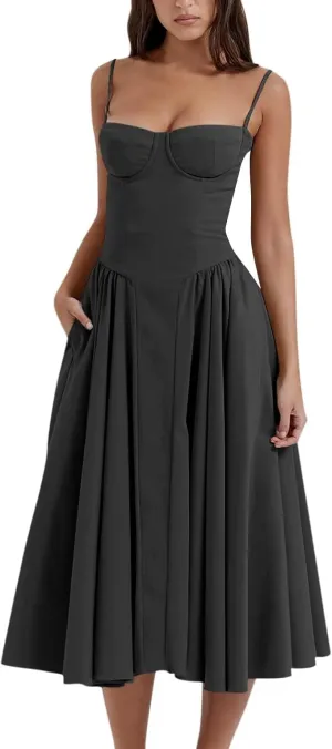NEW Corset Dress Cottage Core Dress Women Summer Spaghetti Straps Casual Midi Dress Flowy Bustier Dresses Cami Sundress Sz XL Black