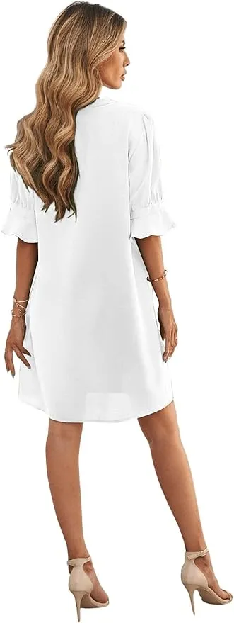 New Famulily Womens Dresses V Neck Puff Sleeve Solid Loose Fit Casual Summer Beach Flowy Shirt Dress White, Sz XL