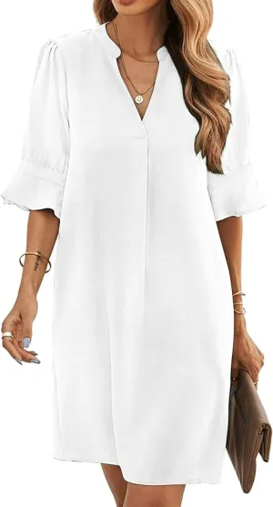 New Famulily Womens Dresses V Neck Puff Sleeve Solid Loose Fit Casual Summer Beach Flowy Shirt Dress White, Sz XL