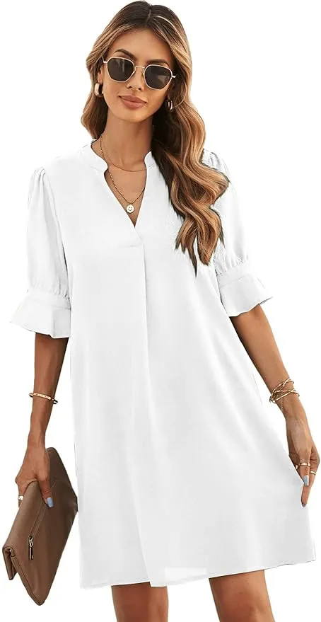 New Famulily Womens Dresses V Neck Puff Sleeve Solid Loose Fit Casual Summer Beach Flowy Shirt Dress White, Sz XL