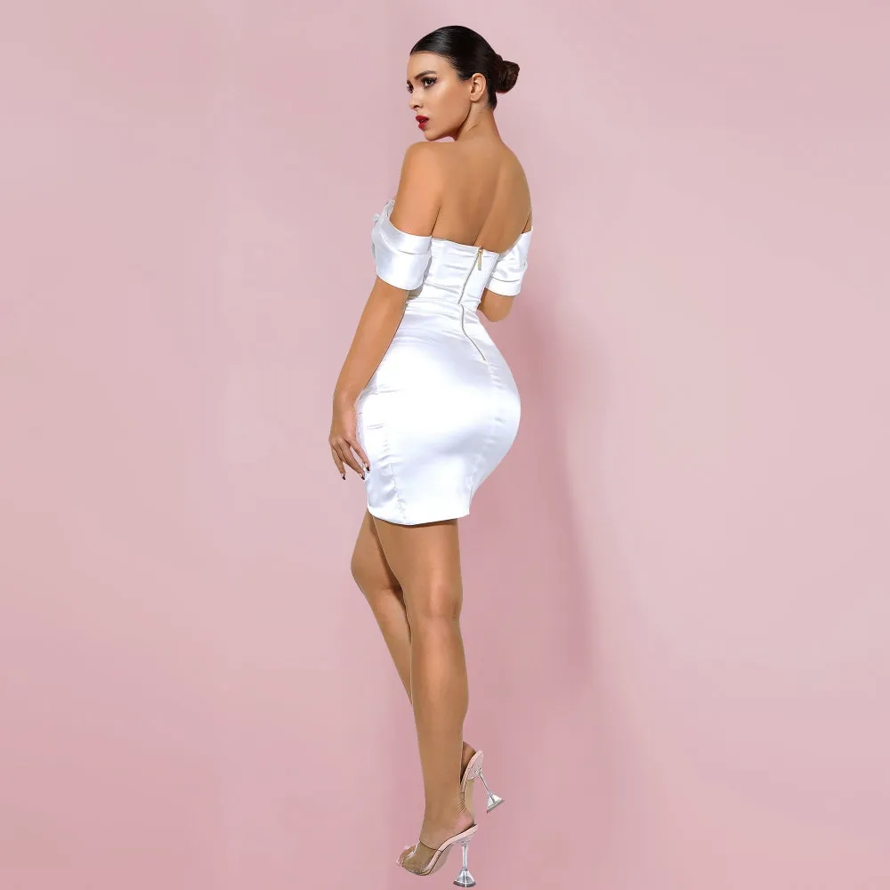 Off Shoulder Short Sleeve Wrinkled Mini Bodycon Dress HI1218