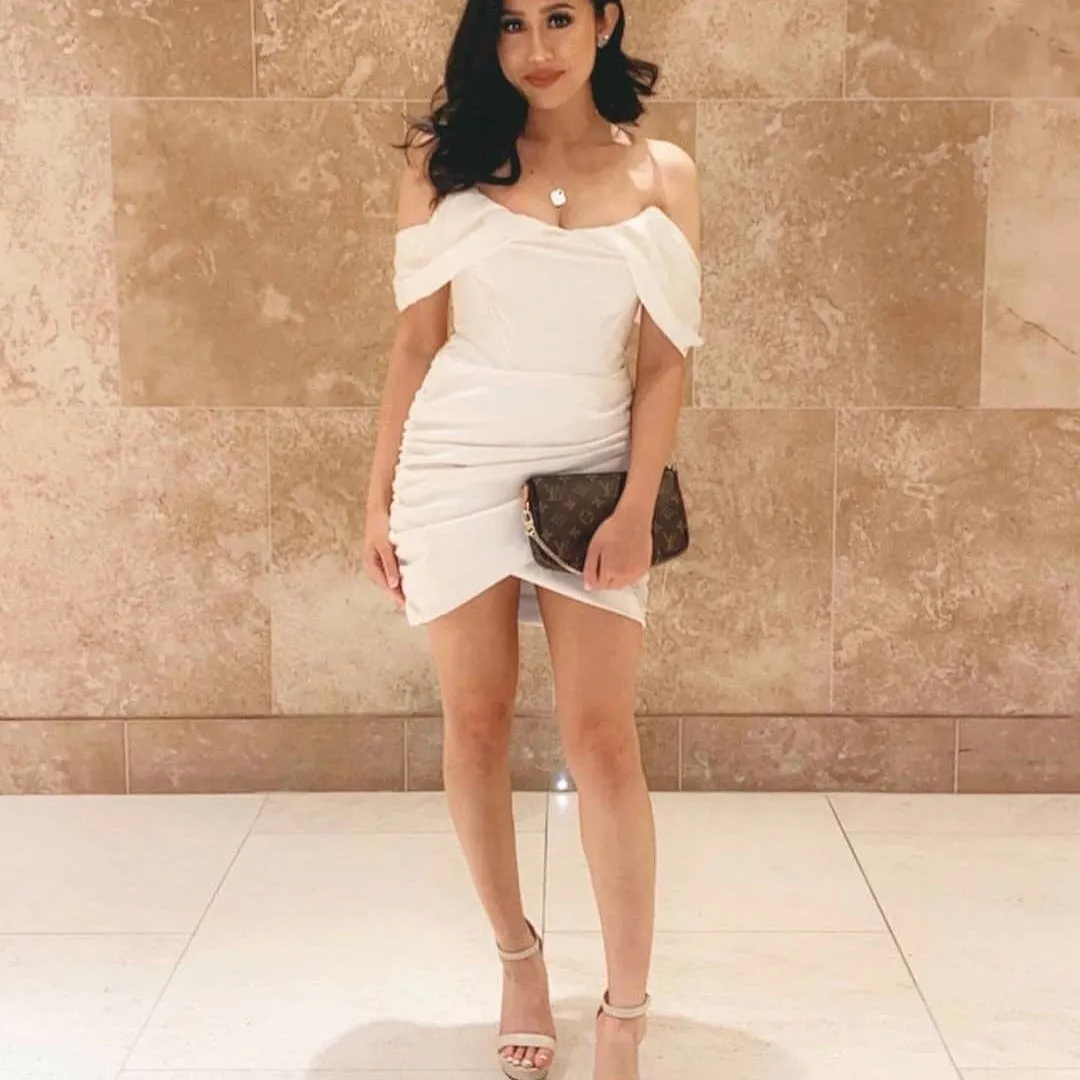 Off Shoulder Short Sleeve Wrinkled Mini Bodycon Dress HI1218