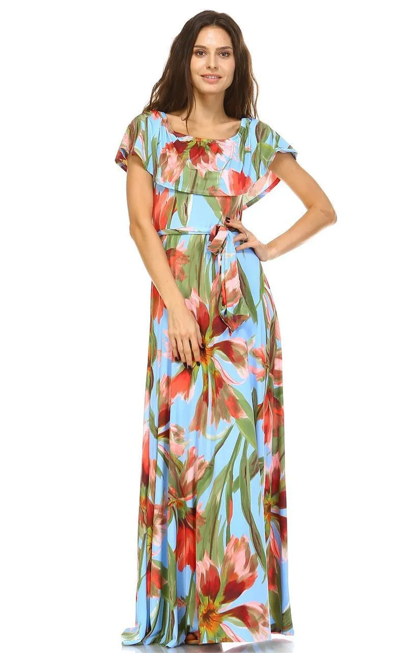 Off The Shoulder Wrap Maxi Dress Floral Flower Blue
