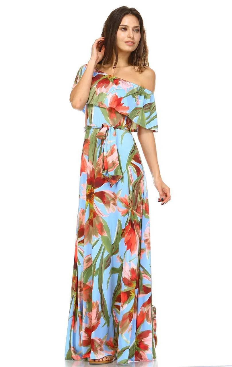 Off The Shoulder Wrap Maxi Dress Floral Flower Blue
