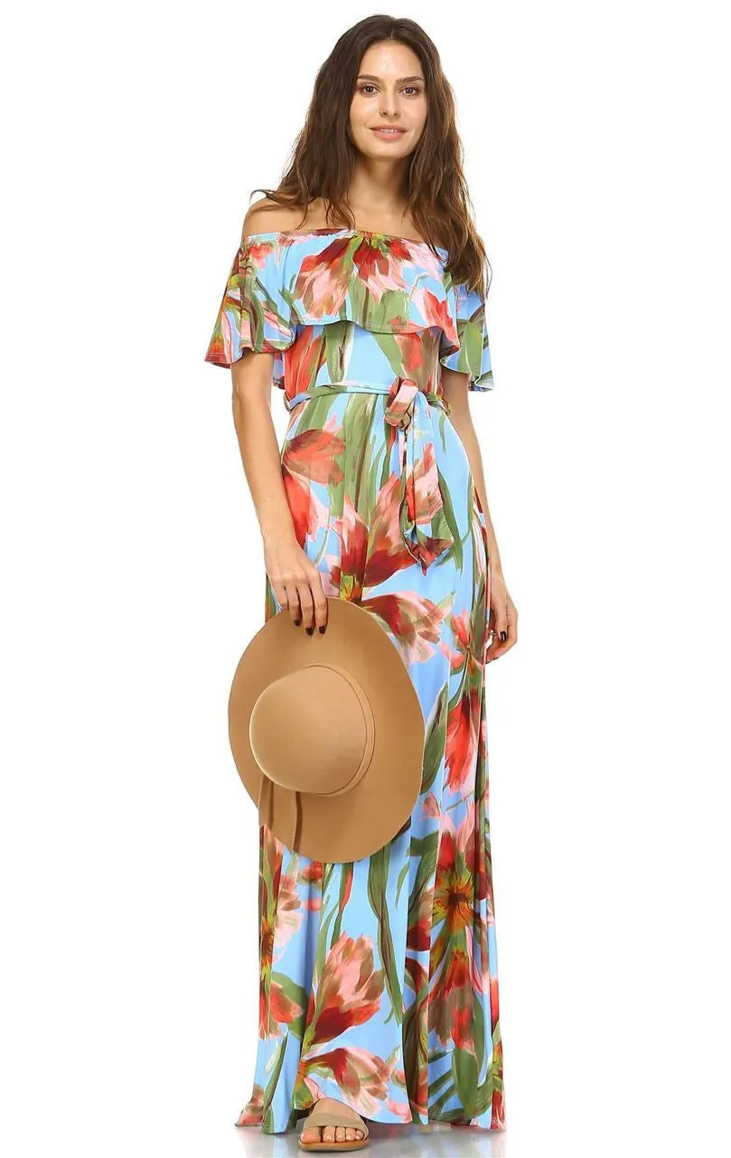 Off The Shoulder Wrap Maxi Dress Floral Flower Blue