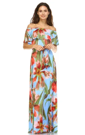 Off The Shoulder Wrap Maxi Dress Floral Flower Blue