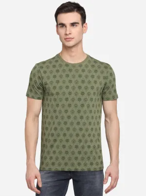 Olive Green Printed Slim Fit T-Shirt | JadeBlue