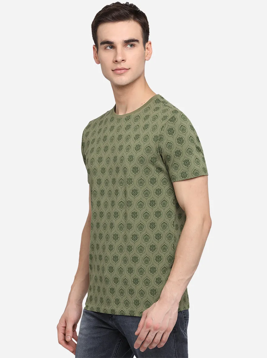 Olive Green Printed Slim Fit T-Shirt | JadeBlue