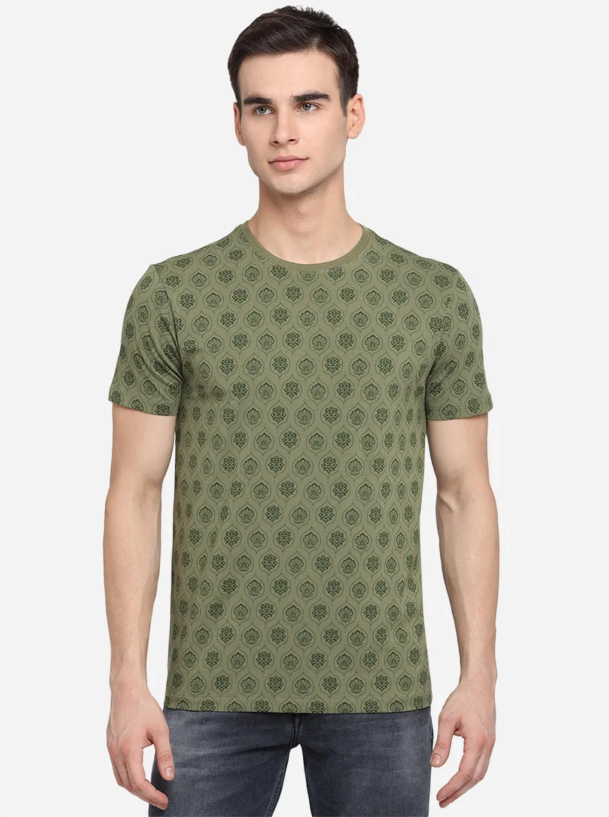 Olive Green Printed Slim Fit T-Shirt | JadeBlue