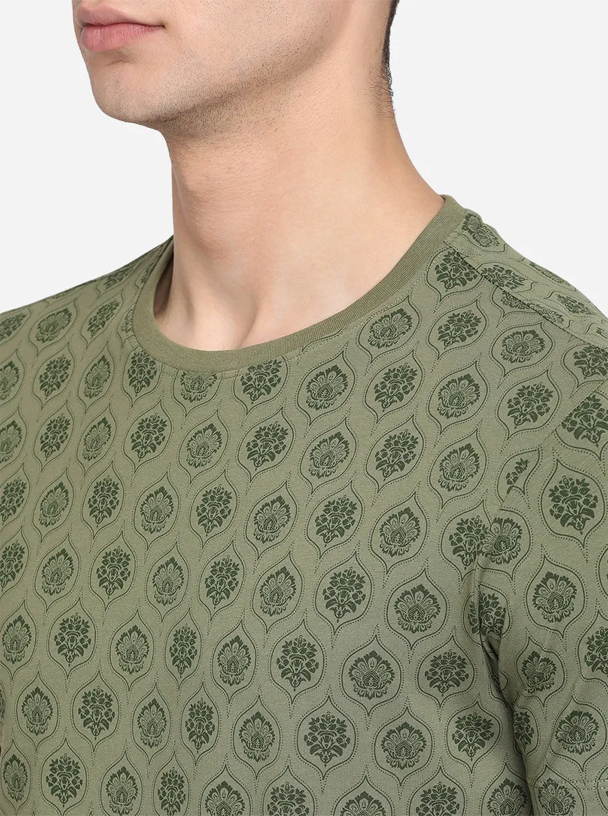 Olive Green Printed Slim Fit T-Shirt | JadeBlue