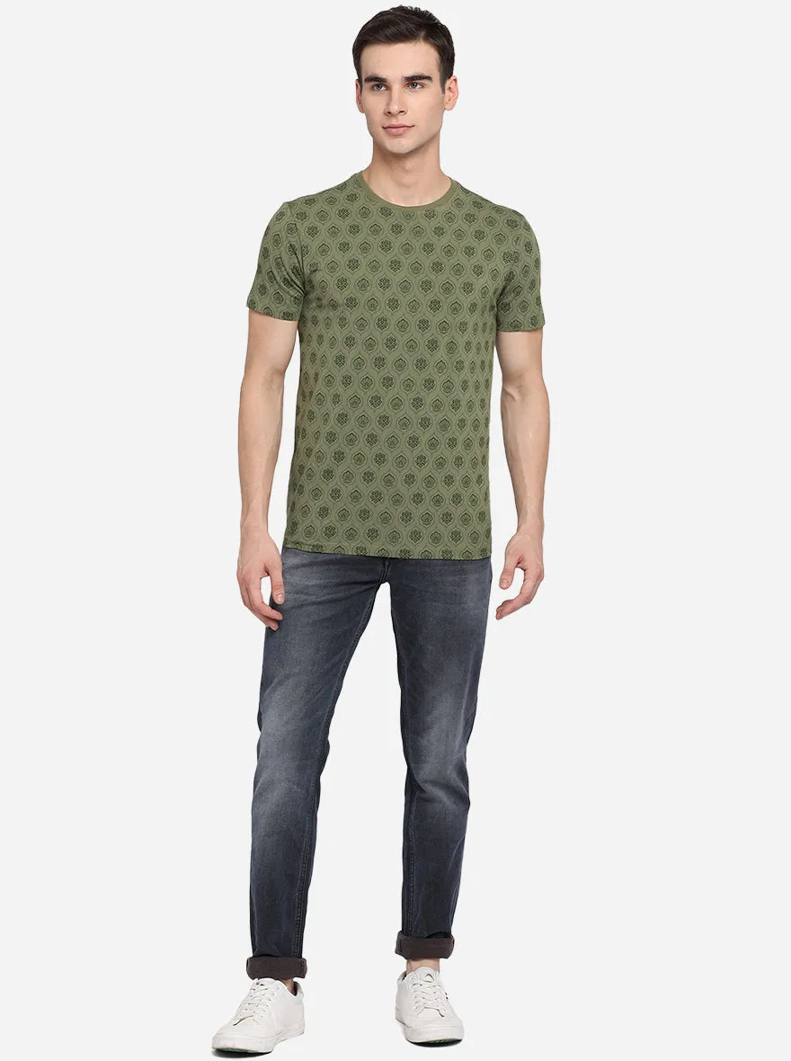 Olive Green Printed Slim Fit T-Shirt | JadeBlue
