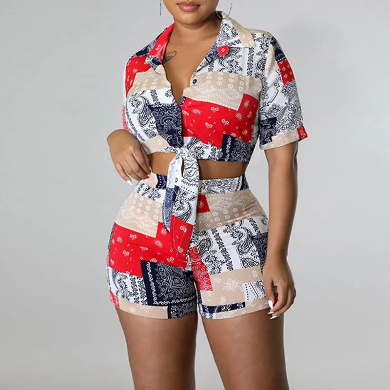 Paisley Pattern Short Sleeve Tied Blouse & Shorts Set