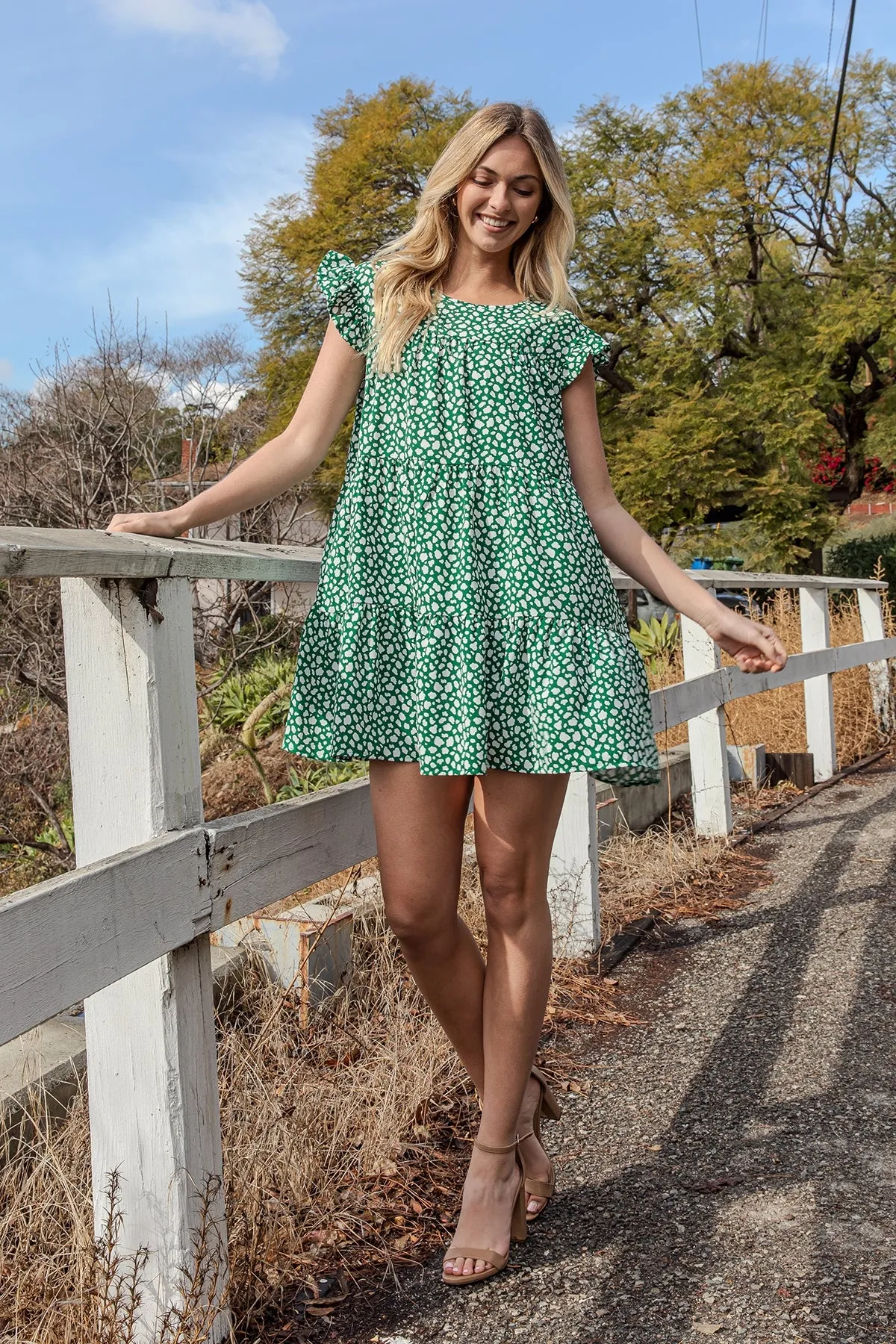 Pebble Ruffle Sleeve Tiered Dress - Green