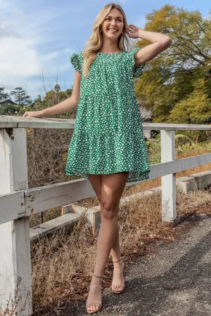 Pebble Ruffle Sleeve Tiered Dress - Green