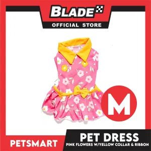 Pet Dress Pink Flowers With Yellow Collar And Ribbon Dress DG-CTN120M (Medium) Perfect Fit For Dogs And Cats, Pet Dress Clothes, Soft and Comfortable Pet Clothing