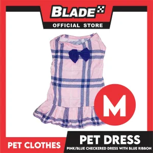 Pet Dress Pink/Blue Checkered Dress with Blue Ribbon (Medium) Perfect Fit for Dogs and Cats