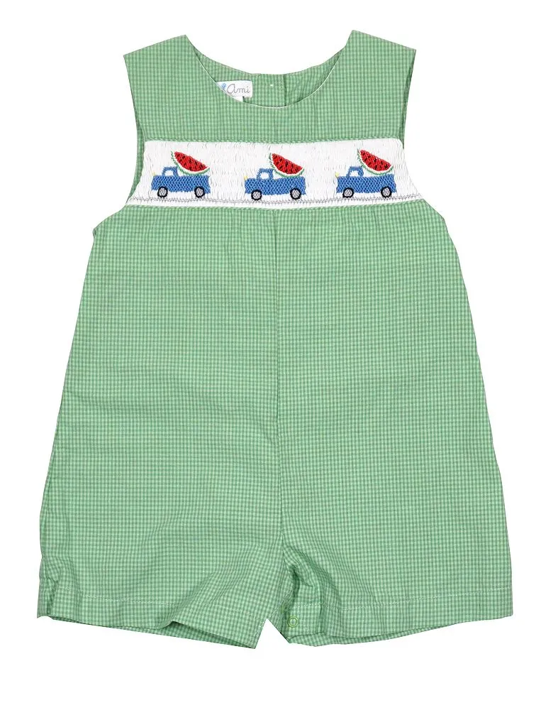 Petit Ami Gingham Smocked Watermelon Truck Shortall