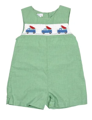 Petit Ami Gingham Smocked Watermelon Truck Shortall