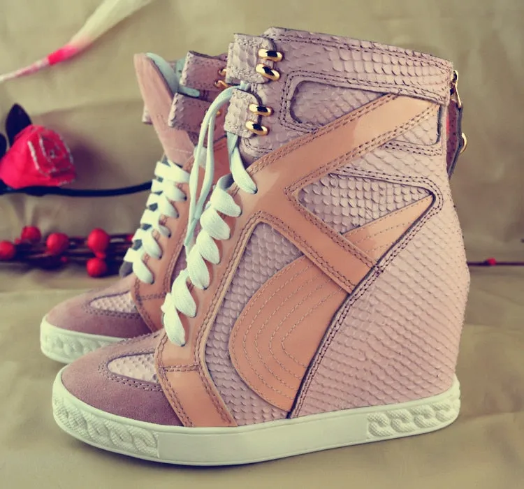 Pink Wedge Sneakers For Women Height Increasing Shoes Woman Lace Up Women Casual Shoes Women Hidden Heels Platform Shoes