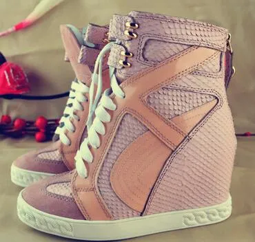 Pink Wedge Sneakers For Women Height Increasing Shoes Woman Lace Up Women Casual Shoes Women Hidden Heels Platform Shoes
