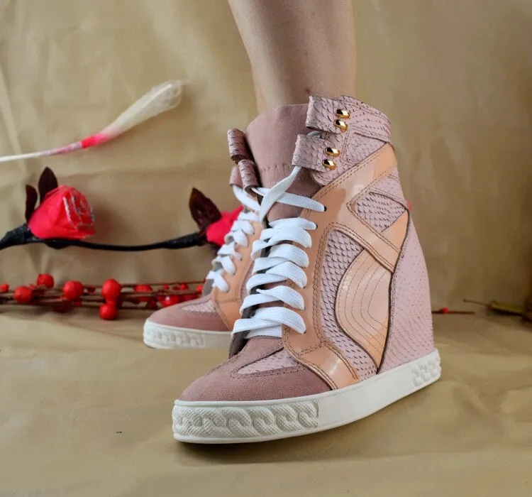 Pink Wedge Sneakers For Women Height Increasing Shoes Woman Lace Up Women Casual Shoes Women Hidden Heels Platform Shoes