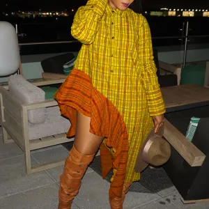 Plaid Print Patchwork Button Design Long Sleeve Ruffles Asymmetric Hem Dress