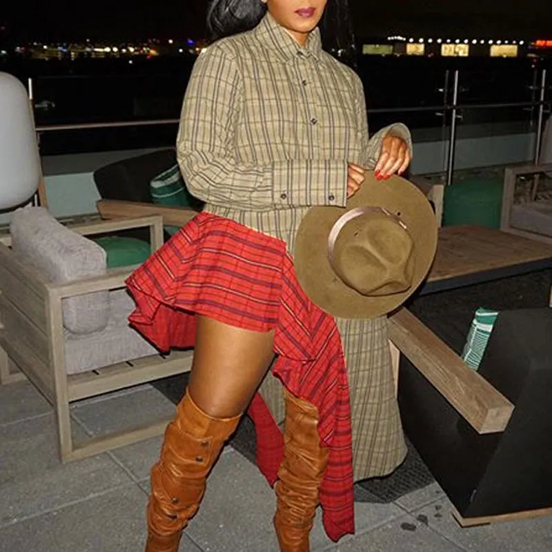 Plaid Print Patchwork Button Design Long Sleeve Ruffles Asymmetric Hem Dress