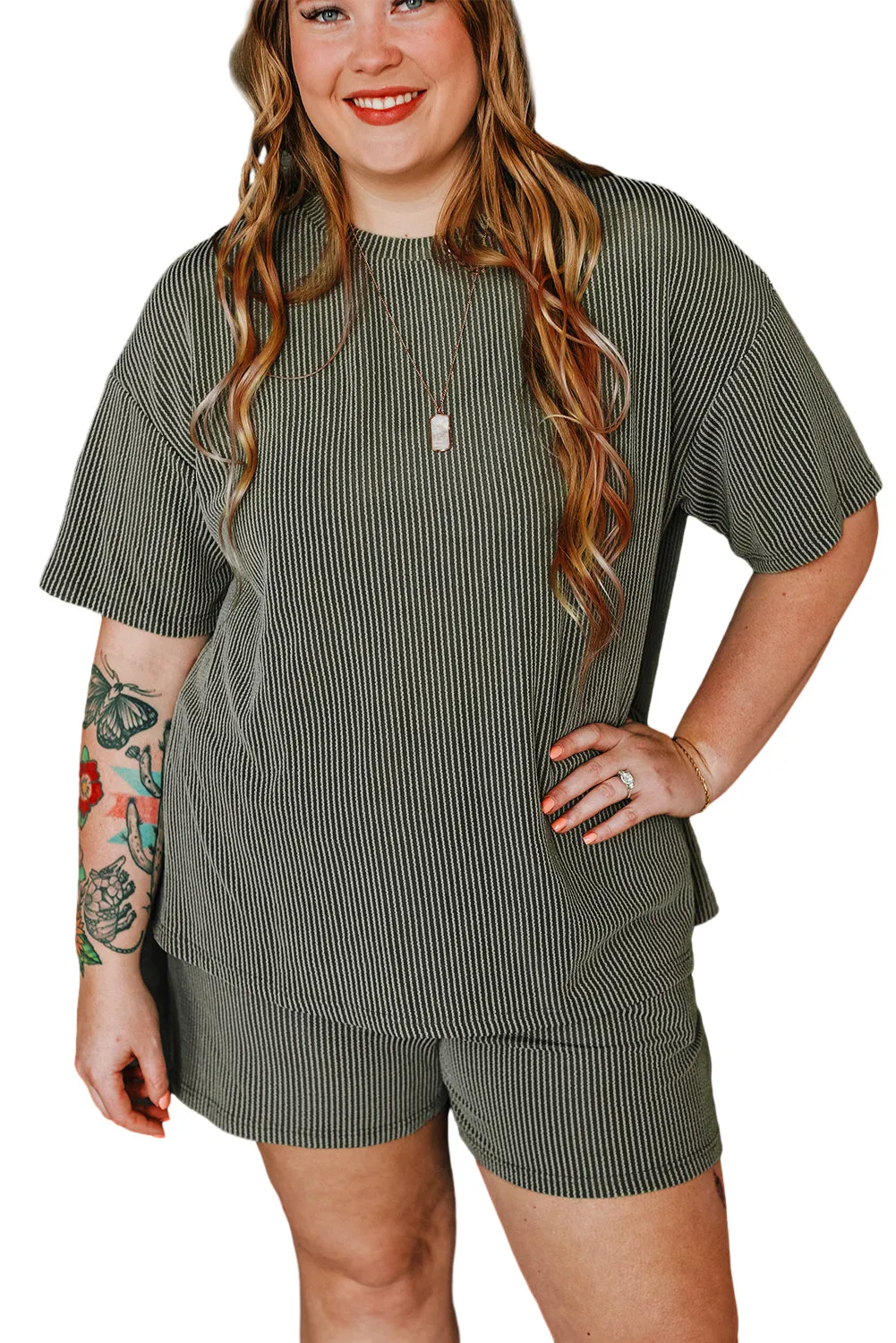 Plus Size Rib Knit Top and Shorts Set