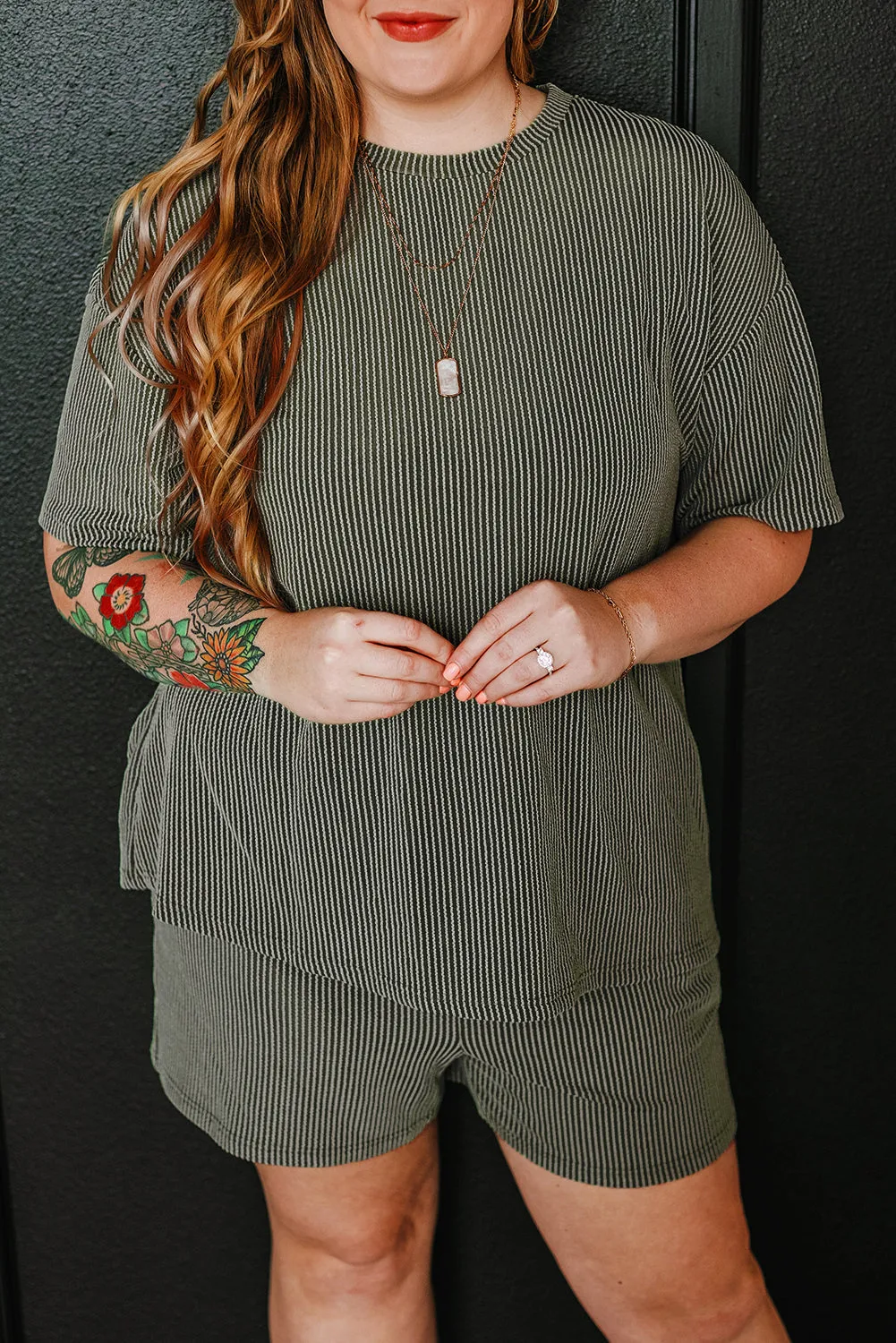 Plus Size Rib Knit Top and Shorts Set