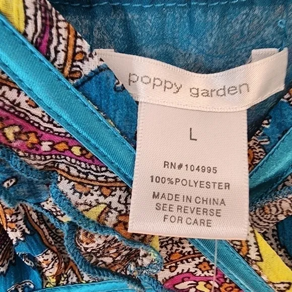 Poppy Garden sleeveless lightweight dress bright paisley colors accented w/ blue