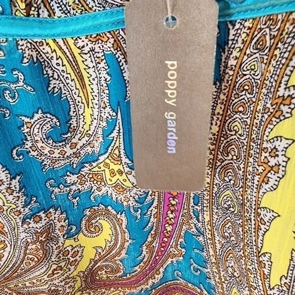 Poppy Garden sleeveless lightweight dress bright paisley colors accented w/ blue