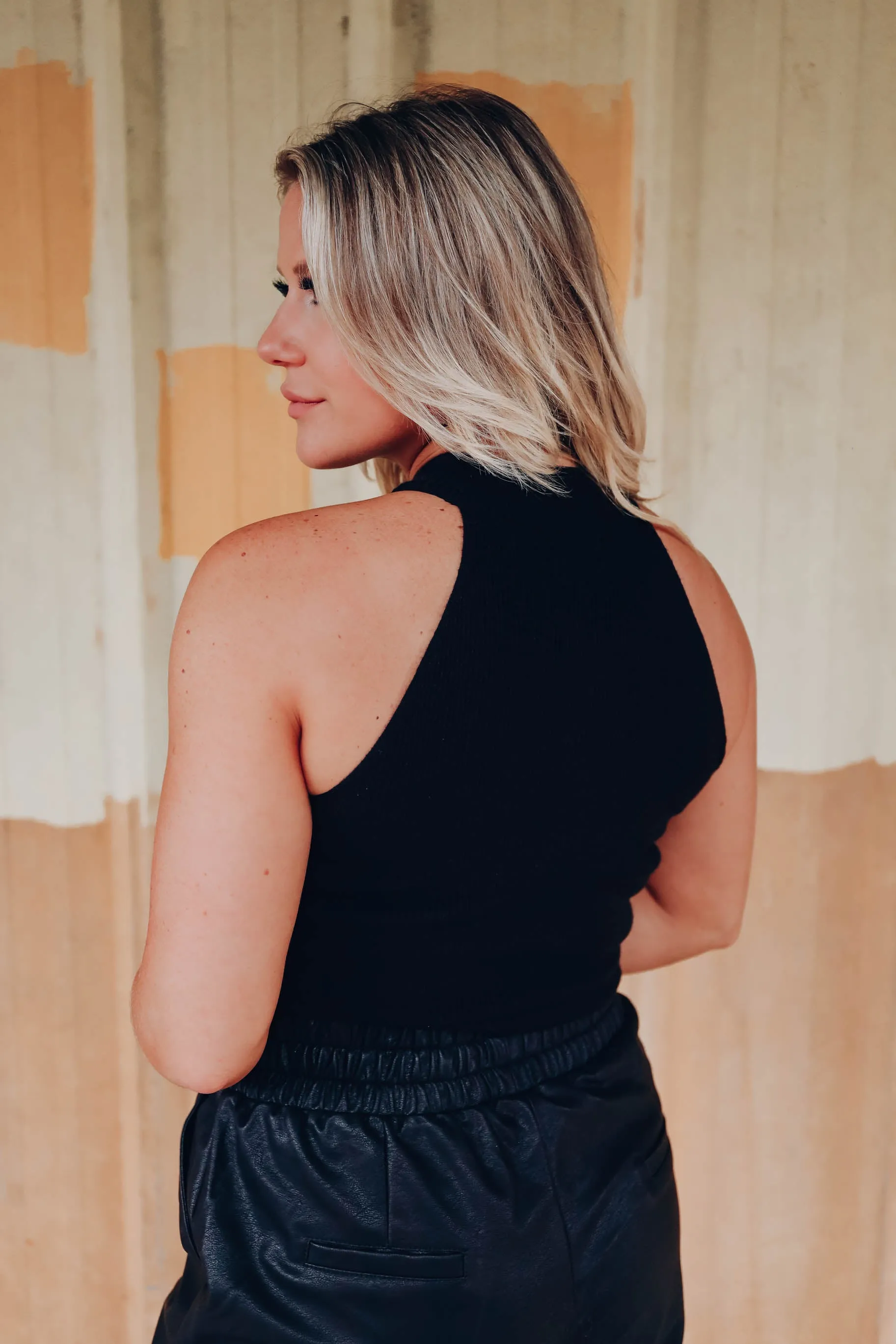 Posh Girl High-Neck Ribbed Top - Black