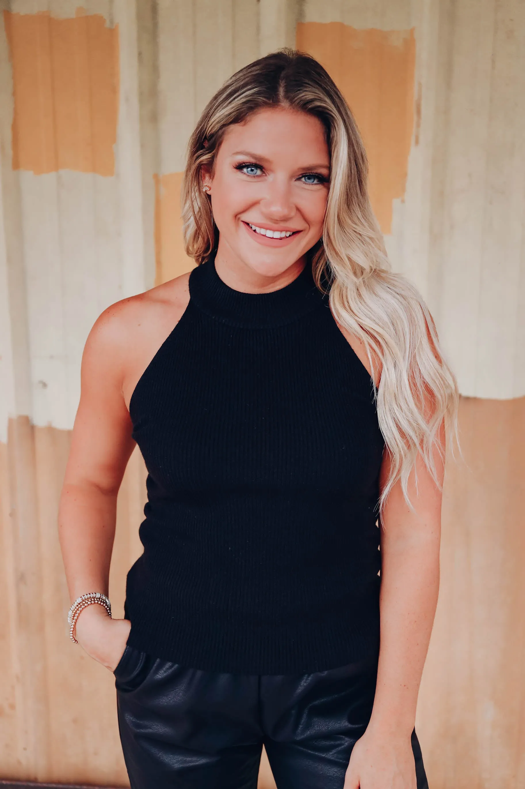 Posh Girl High-Neck Ribbed Top - Black