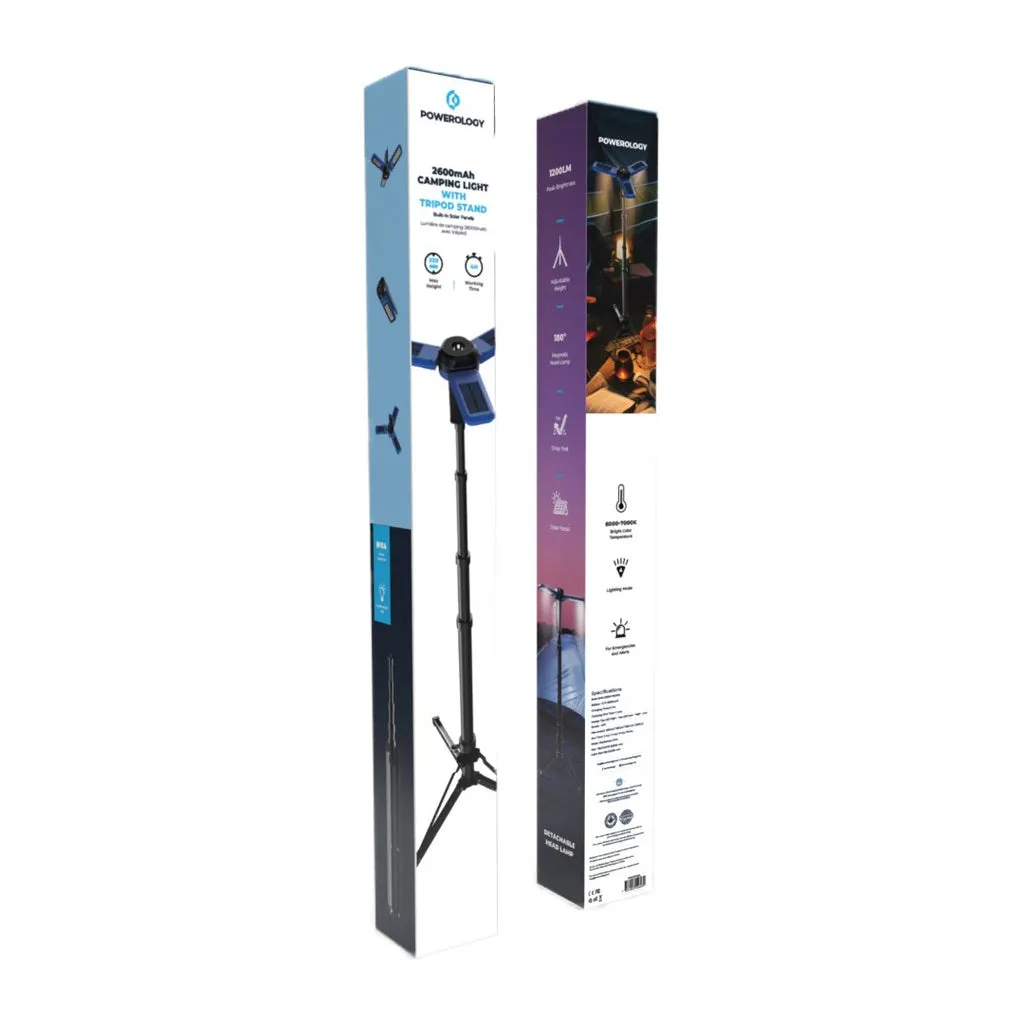 Powerology 2600mAh Camping Light With Tripod Stand Built-in Solar Panels