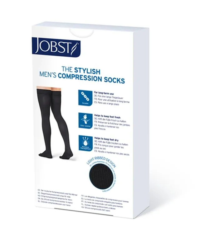 PR/1 JOBST MEDICAL LEG WEAR, MEN, RIBBED, THIGH HIGH W/SIL DOT BAND, 15-20MMHG, SM, BLACK, CLOSED TOE