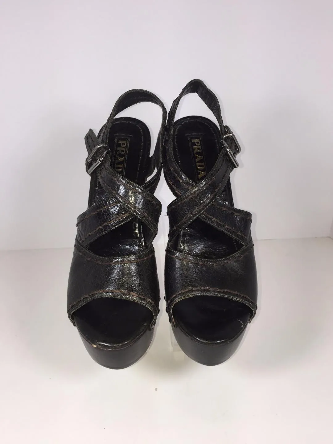 PRADA Wooden Platform Leather Open Toe Sandal Heels Size 6.5