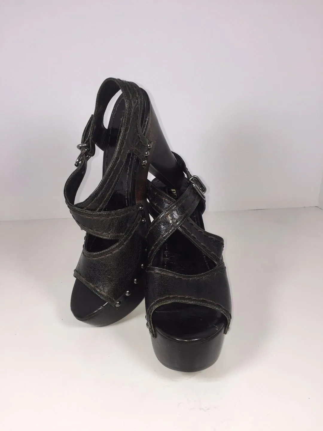 PRADA Wooden Platform Leather Open Toe Sandal Heels Size 6.5