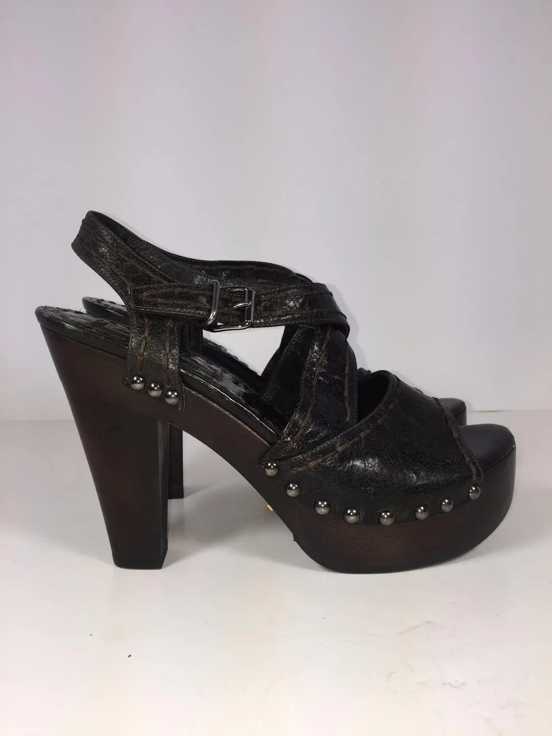 PRADA Wooden Platform Leather Open Toe Sandal Heels Size 6.5