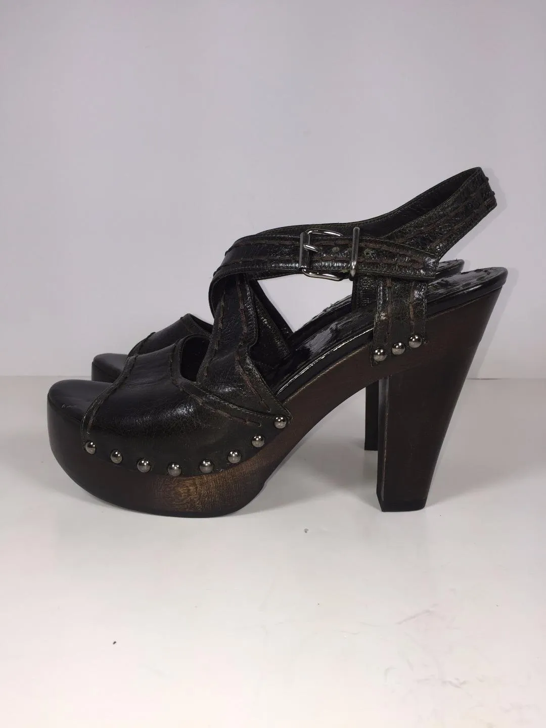 PRADA Wooden Platform Leather Open Toe Sandal Heels Size 6.5