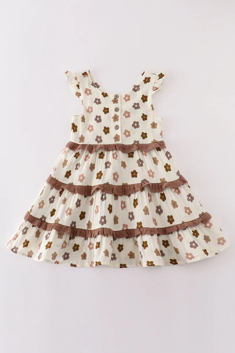 Premium Khaki Muslin Floral Tiered Dress